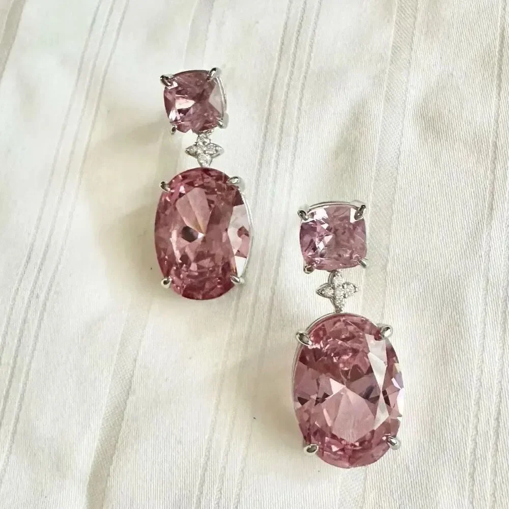 Super sparkly light pink cubic zirconia double oval dangle earrings with flower
